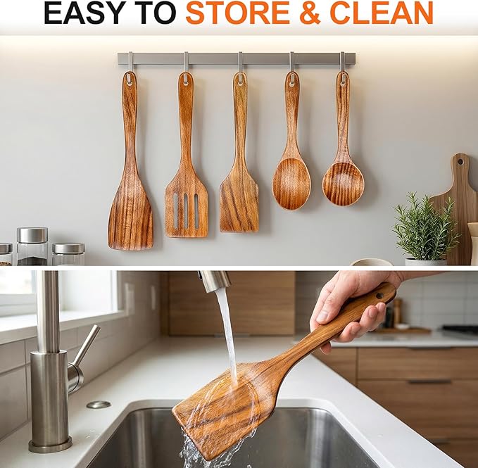 5 Pcs Best Wooden Spoons for Cooking Kitchen Utensils Set Acacia Wood Cooking Spatula Turner Non Toxic Utensil Slotted Serving Spoon Flat Spatulas Set Wooden Utensis Mixing Cooking Spoon Kitchen Tools