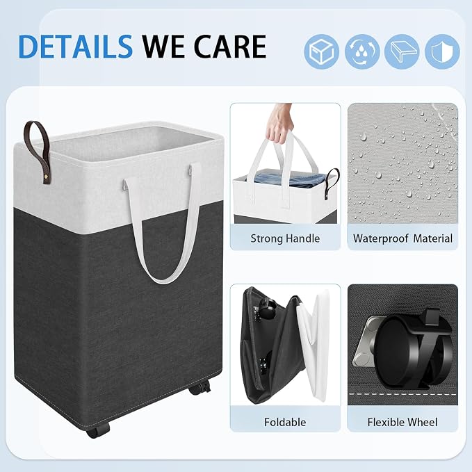 HomeHacks 75L Rolling Laundry Basket with 4 Wheels Collapsible Gray | 4 Wheels, Waterproof PEVA Lining, Cotton Flax Fabric, Metal Frame, Bathroom Laundry Room Dorm Storage, Space-Saving Design