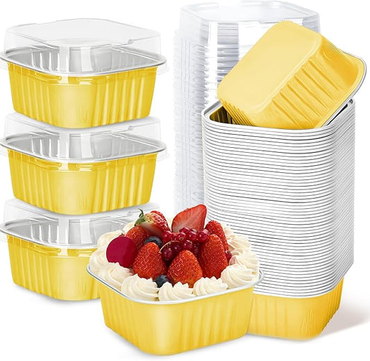 30Pack 5oz Gold Mini Cake Pans with Lids Baking Cups Aluminum Foil Pans Tins, Individual Dessert Cups Containers for Sales,Party,Picnics