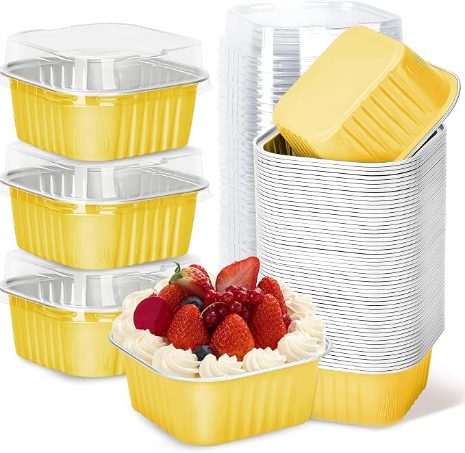 100Pack 5oz Gold Mini Cake Pans with Lids Baking Cups Aluminum Foil Pans Tins, Individual Dessert Cups Containers for Sales,Party,Picnics