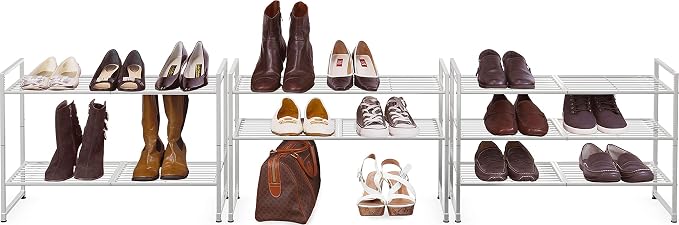 Simple Houseware 3-Tier Stackable Wired Grid Shoe Rack, Silver | 9 Pairs of Shoes Storage Organizer for Closet, Entryway, Garage & Corridor