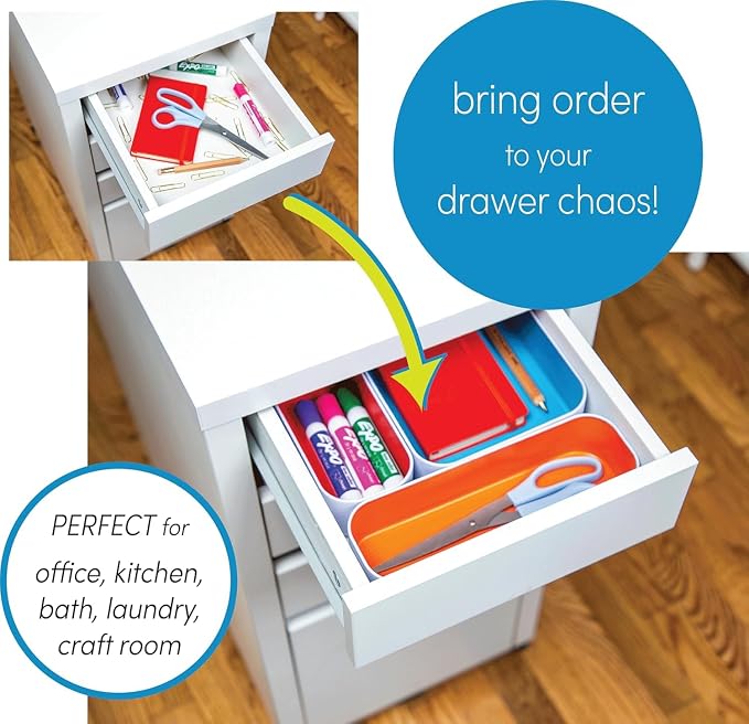 Three by Three Seattle Metal Drawer Organizer Tray Set, 6-Pc, 2" (Assorted) | Deep 2" food-safe colorful metal bins; soft non-scratch base; kitchen, vanity, bathroom & office drawer storage