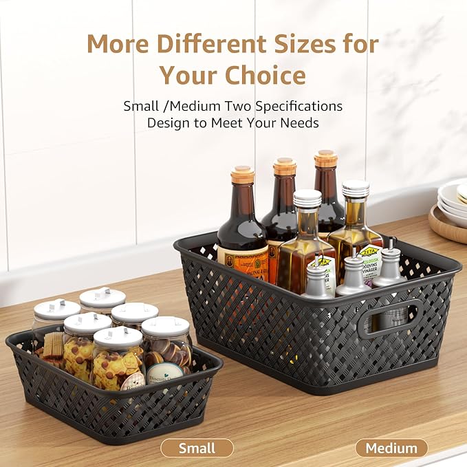 MaxGear Organization and Storage 3 Packs, Plastic Bins Organizer Bins, Woven Baskets for Storage, Plastic Baskets with Handles Black Basket for Organizing, Basket Organizer for Home and Office, Medium