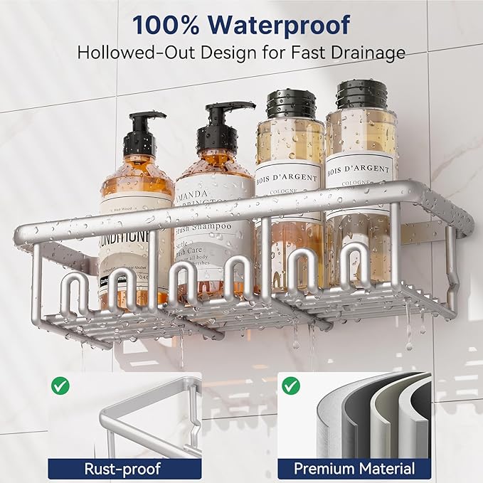 8 Pack Adhesive Rustproof Shower Caddy with Soap Dishes, Toothbrush Holder & Hooks, Large Capacity No-Drilling Shower Shelves Rack for Bathroom Organizers and Storage Accessories, Silver