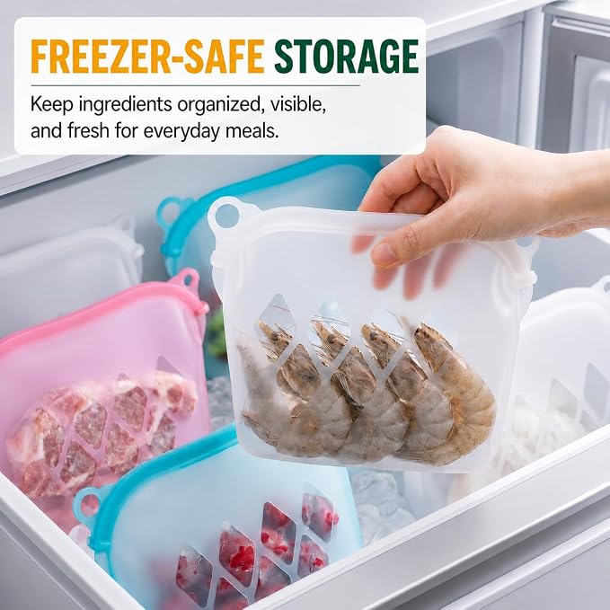 Yosmer Reusable Silicone Food Storage Bag, 50oz/1500ml Food-Grade Silicone Stand-Up Bag with Magnetic Self-Sealing Opening, Clear Windows, Freezer & Dishwasher Safe, Pink, 1 Pack