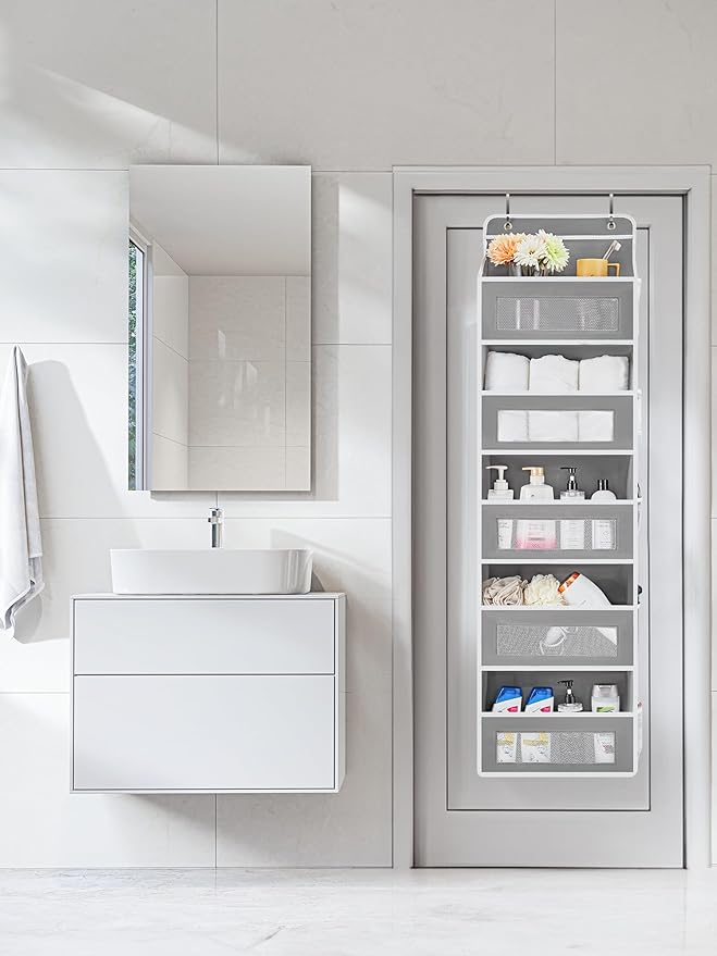 JARLINK Over The Door Organizer Storage, 5 Shelf Hanging Door Organizer with 5 Large Capacity Pockets, Anti Tilt 44 lb Load Behind Door Storage for Bedroom, Bathroom, Pantry, Nursery, (Grey)