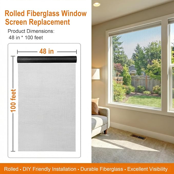 Window Screen Mesh, Fiberglass Window Screen, Screen Door Mesh, Windows Screens and Screen Door Replacement, Patio Screen Mesh (Gray, 48inches x100feet)