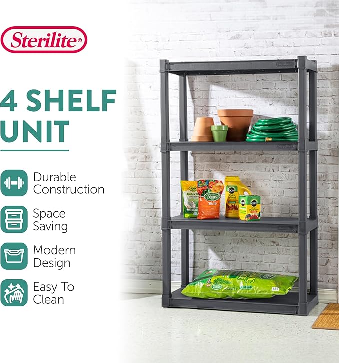 Sterilite 4 Shelf Unit, Heavy-Duty Plastic Utility Storage Rack, 2-Pack | Freestanding Shelving Organizer with 50 lb Capacity Per Shelf for Kitchen, Bathroom, Garage, Basement, Pantry & Laundry Room