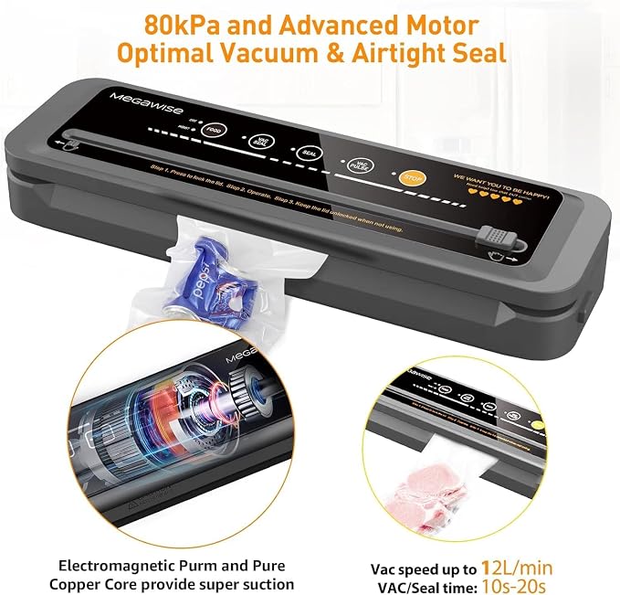 MegaWise Vacuum Sealer Machine | 80kPa Suction Power | Vac Seal Machine | Bags and Cutter Included|Compact One-Touch Automatic with External Vacuum System|Dry Moist Fresh Modes for All Saving needs