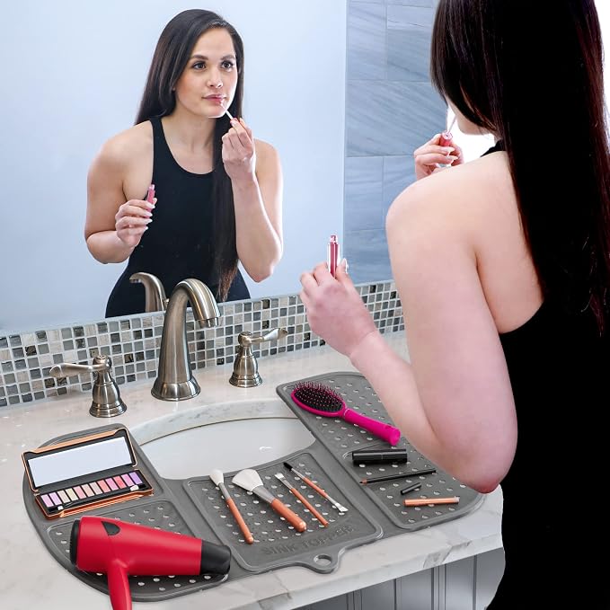 Sink Topper Bathroom Sink Cover for Counter Space, Large Silver | Holds up to 7 lb on a steel frame; fits over basins 19-23 in; 480°F silicone; foldable makeup mat; countertop extender