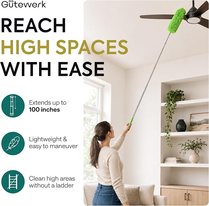 GÜTEWERK Extendable Microfiber Duster, 100 Inch - Feather Dusters for Cleaning Ceiling Fans, Blinds, Baseboards & High Ceilings - Washable, Electrostatic, 360° Bendable Head, Stainless Steel Pole