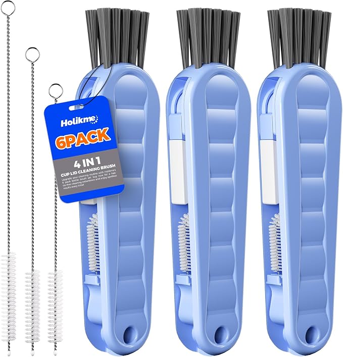 Holikme 6 Pack 4 in 1 Cup Lid Cleaning Brush 3 Straws Bottle Brush,Blue | 4 in 1 Cup Lid Cleaning Brush Multifunctional Bottle Brush, Silicone Cup Lid Gap Cleaner, Bristle Crevice Cleaning Brush