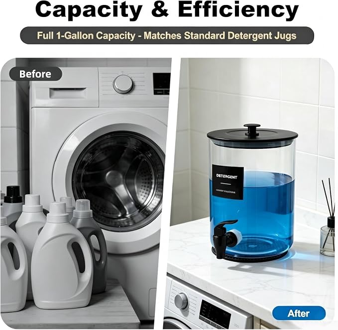 Glass Laundry Detergent Dispenser,1 Gallon Large Liquid Soap,2 Pack(Black) | Complete borosilicate jars set with leakproof spigots, protective silicone mats, minimalist labels, and dosing cups.