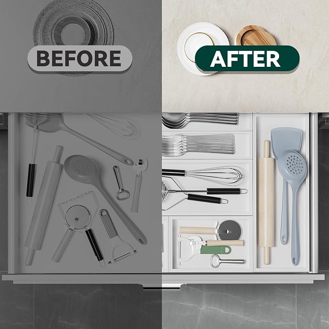 Lixple Kitchen Drawer Organizer - 2 Pack, Stackable Bamboo Drawer Organizers, Wooden Storage Box Tray for Cabinet, Pantry, Bathroom Countertop, Multi-use Organization and Storage (White)