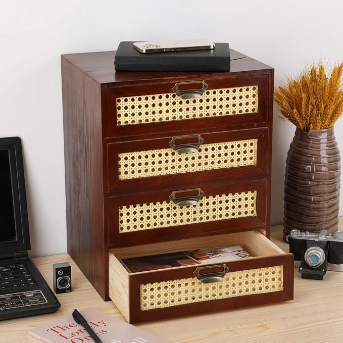 GoooodGIFT Wooden Drawers Large Wooden Box with Drawer, Brown | 4 Drawer Wood Storage Box , Vintage Desktop Organizer with Drawers, Desk Organizers for Library Card Catalog Cabinet