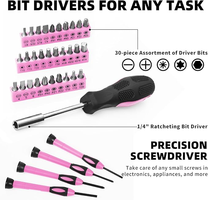 58-Piece household tool Set for home, General Household Hand Kit for home with Storage Toolbox, All Purpose Small Basic Tool kit for Women, Girls and Ladies,Pink