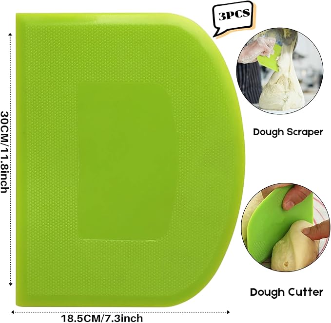 SURDOCA Dough Scraper Bench Scraper - 3P 11.8x7.3" Plastic Flexible Bowl Scraper, Sharp Edge & Angles Cake Scraper. Non-Slip Bakeware Decorating Tools Sculpting & Modeling Tools - Blue+Green+Blue