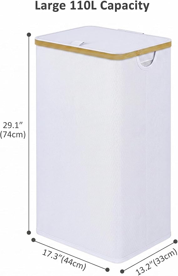 IEGrow Laundry Hamper with Lid,110L Laundry Basket with Mesh Bag,White | Dirty Clothes Hamper Basket with Bamboo Handle for Clothes Towels Organization