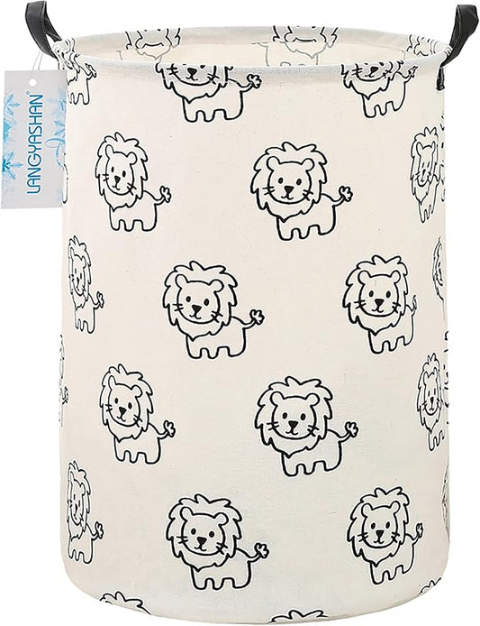 Round Laundry Basket Collapsible Storage Hamper Organizer Lion | Waterproof Canvas Foldable Baskets with sturdy Handles Multi-scene Organizer for Home Play Bedroom Gift Bin