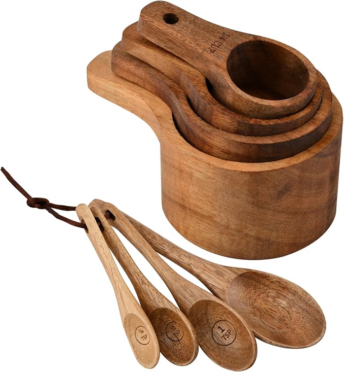 8-Piece Wooden Measuring Cups and Spoons Set, Laser-Engraved, Nesting Design, Measuring Spoons for Dry Ingredients, Kitchen Gadgets for Cooking and Baking