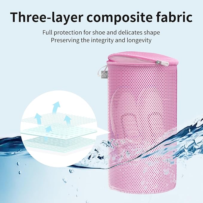 Shoe Washing Machine Bag, Laundry Bag for Sneaker, Pink, 8x15, 2Pcs | Shoe Washing Bag for Footwear, Trainers, Tennis, Slippers, Building Blocks, Sandwish Mesh, Travel, Divided, Prevent Tangling