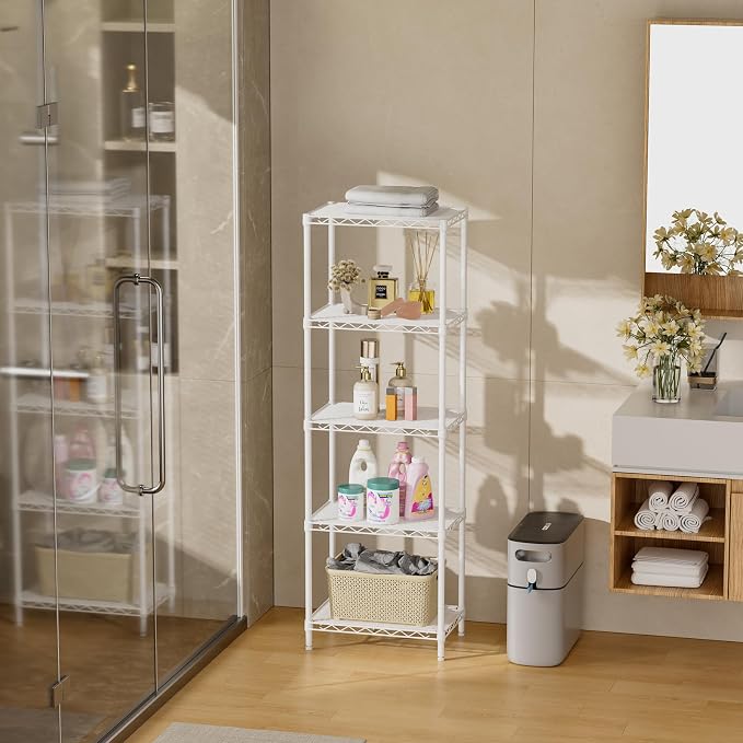 SINGAYE Metal Shelves Wire Shelving Storage Standing Adjustable Shelf Unit | 5 Tier Mesh Units Shelf for Kitchen Laundry Bathroom Closet Organizers Pantry Narrow Home Rack 10" D x 16" W x 55" H White