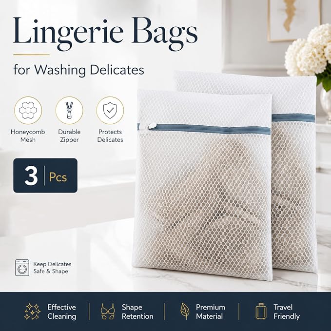Lingerie Bags for Washing Delicates 3Pcs, Laundry Wash Bag, Honeycomb Mesh Laundry Bag 12x16 Inch Medium