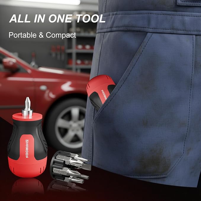 8 in 1 Multi-bit Stubby Screwdriver, Small Short Screw Driver Tool | 6 CRV Bits Phillips, Slotted, Torx, Magnetic Tip Portable All in One Repair Tool Kit for Home DIY Tables, Doors, Chairs