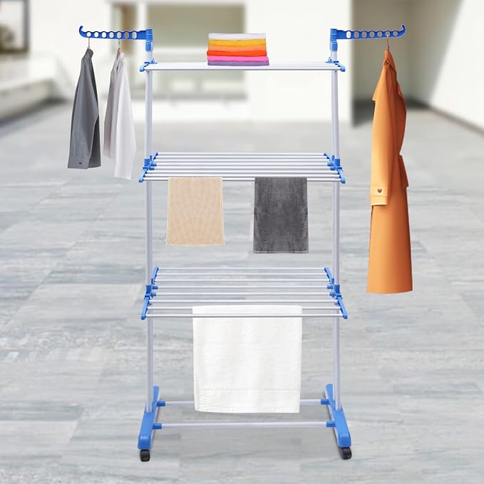 Clothes Drying Rack, 4-Tier Clothes Horses Rack Foldable Metal Laundry Garment Dryer Stand with Two Side Wings for Bedrooms, Lofts, Balconies, Patios (Blue)