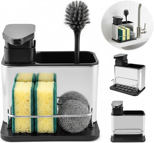Dish Soap Dispenser, 3-in-1 Sponge Holder, Organizer Dish Soap Dispenser,Sink Caddy,Stainless Steel Dishs Brush Scrubber with Sponge Holder(Color:Black)