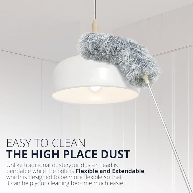 ZZ LAZYCOTTAGE Duster with Extension Pole & Flexible Head, Gray Feather Duster, Long Ddusters for Cleaning for High Ceilings, Walls, Fans, Cobweb and Furniture