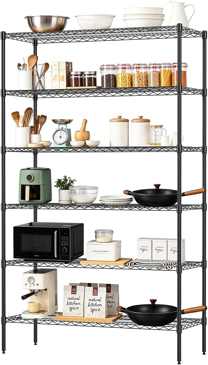 FDW 16" D×42" W×72" H Wire Shelving Unit Commercial Metal Shelf with 6 Tier Adjustable Layer Rack Strong Steel for Restaurant Garage Pantry Kitchen Garage，Black
