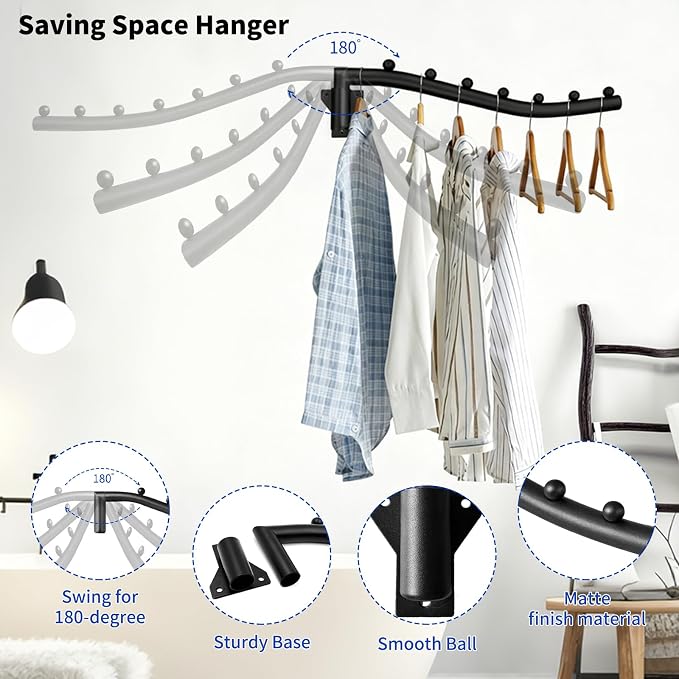 2pcs Swing Clothes Hanger Rack,Wall Mounted Clothes Rack | 10lb Max,Powder Coating Surface,Rust-Proof,16 inch Long Metal Hangers with 7 Hanging Hooks for Bathroom,Laundry Room
