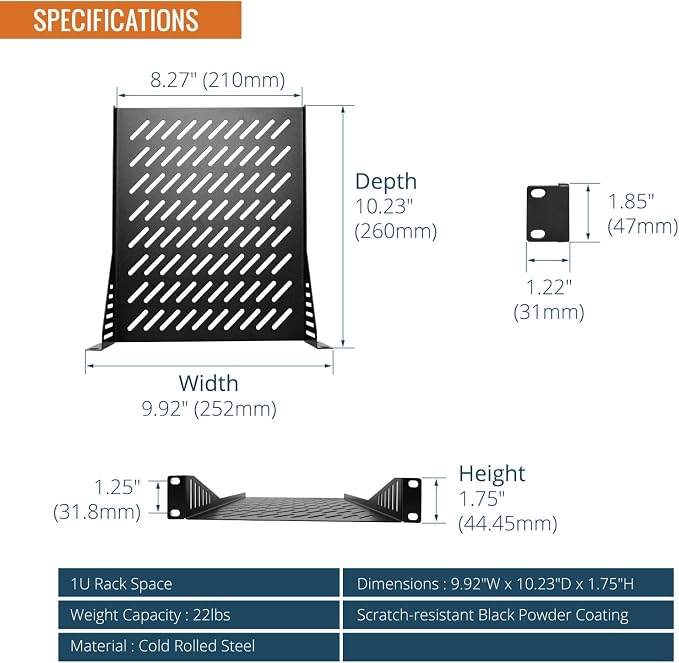 Tecmojo 1U Rack Mount Shelf for 10" Server Rack, 10.23" Deep Vented Cantilever Tray, Metal Shelf for Network Cabinet, Server Enclosure, Enhanced Airflow, Black