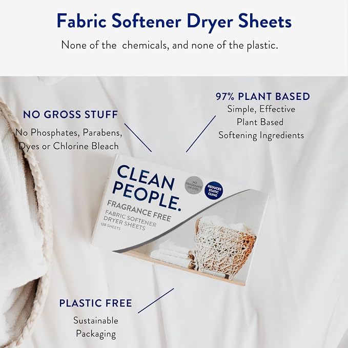 The Clean People Fabric Softener Sheets - Dryer Sheets - Softens & Removes Static Cling - Vegan Laundry Softener, Essential Oils - Fragrance Free 240 Pack