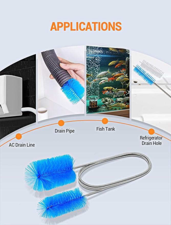 Flexible Long Drain Brush Set, with Double Ended and Stainless Steel Tube Cleaning Brushes Stainless Steel Long Tube Cleaning Brushes for Kitchen, Sink, Drain Pipe and Long Pipe Cleaning