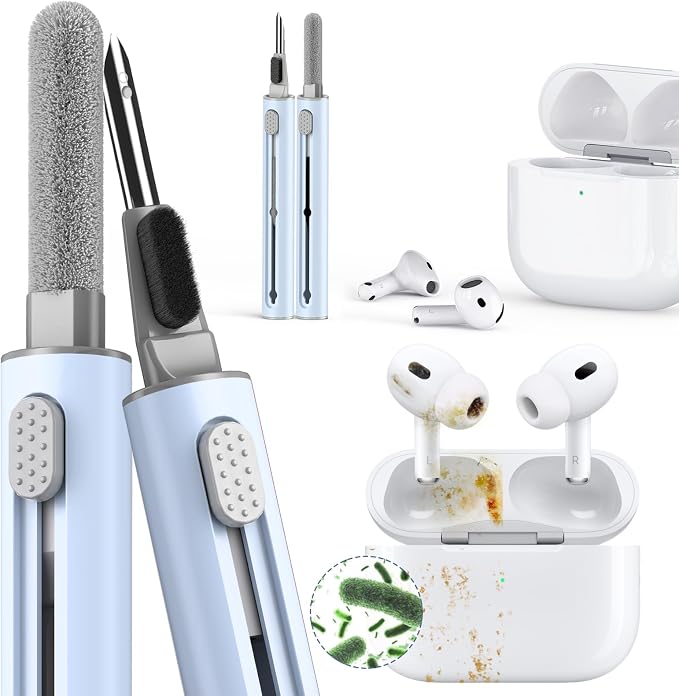 Inesore Multi Cleaning Kit for AirPods & All Bluetooth Earbuds (Blue) | Metal Tip, High-Density Soft Brush, Flocked Sponge Tip, 3 in 1 Design, Compact & Lightweight, Easy Operation, Easy to Carry