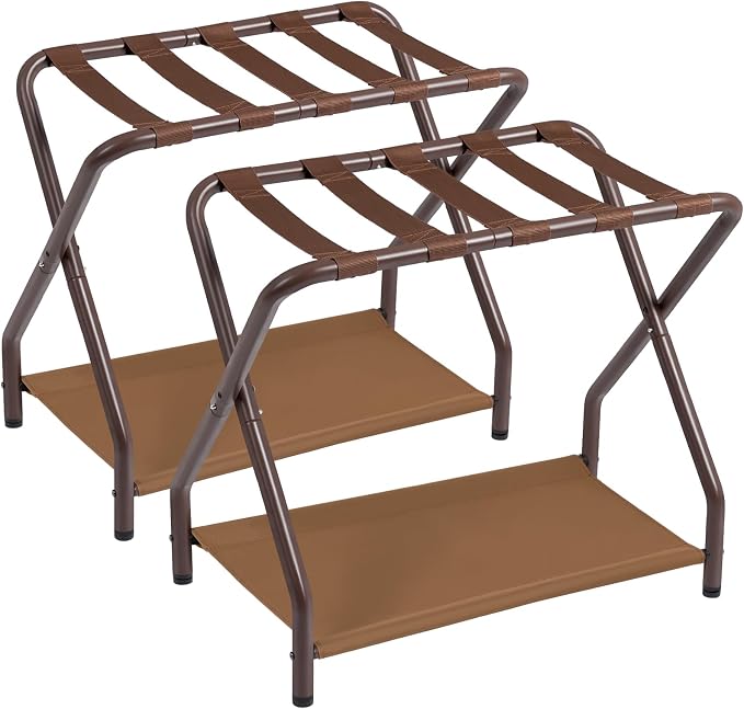 AMHANCIBLE Luggage Rack, Set of 2, Foldable Suitcase Stands for Guest Room | Metal Luggage Holder with Storage Shelf for Bedroom, Hotel, Easy Assemble, Bronz