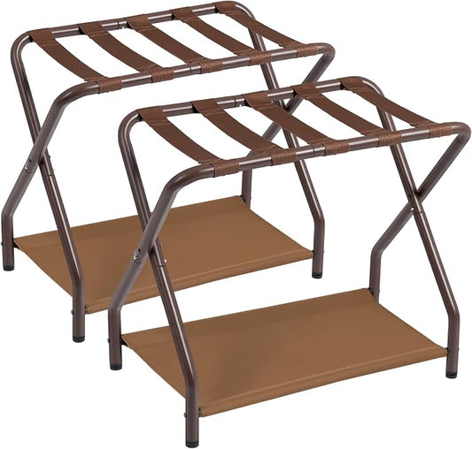 AMHANCIBLE Luggage Rack, Set of 2, Foldable Suitcase Stands for Guest Room | Metal Luggage Holder with Storage Shelf for Bedroom, Hotel, Easy Assemble, Bronz