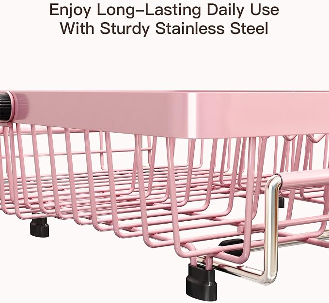 MAJALiS Pink Dish Drying Rack Over The Sink with Utensil Holder | Expandable Stainless Steel Dish Drainer for Small Kitchen, Apartment, RV, Counter Space Saving, Perfect Fit, Rustproof