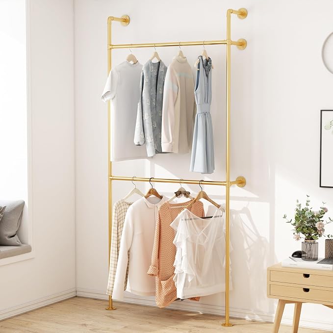 ORSENIGO Industrial Pipe Clothing Rack, Heavy Duty Metal Clothes Rack with Double Rods for Hanging Clothes, Wall Mount Space-Saving Garment Display Rack (Single, Gold)