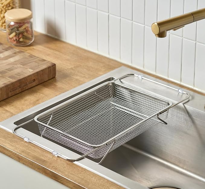 WAGENSTEIGER Extendable Dish Rack with Feet, Vegetable Colander Basket, Stainless Steel Dish or Silverware Drying Rack, Ultimate Kitchen Organizer Over the Sink (12.99 x 9.65 x 2.76 Inches)