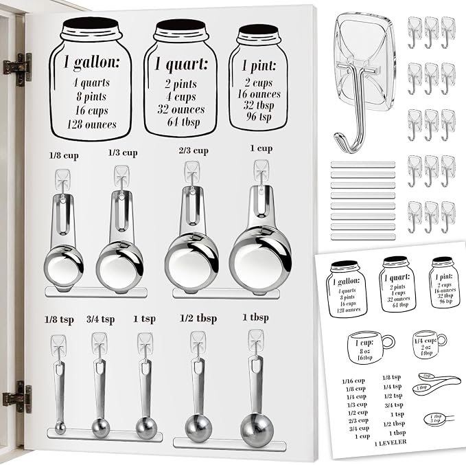 Measuring Cup and Spoon Organizer Set, Kitchen Measurement Conversion Chart with 16 Clear Small Hooks and Anti-Collision Pads for Hanging Measuring Cup and Spoon