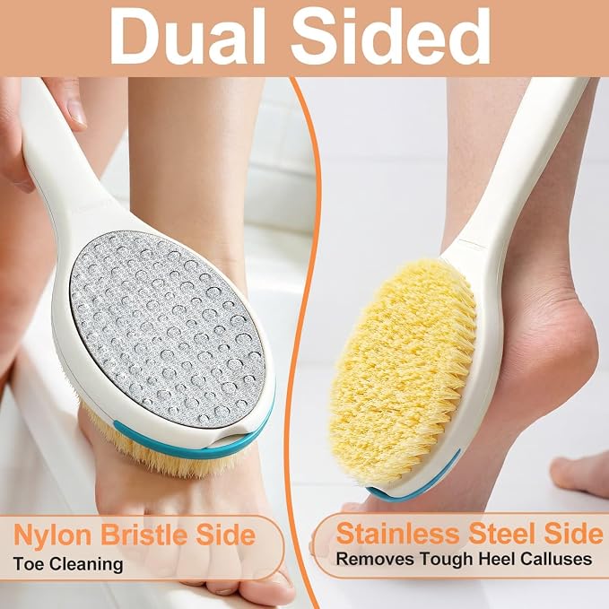 BUBBLEDANCE® Long Handle Foot Scrubber & Brush – 2-in-1 for Shower | Stainless steel removes calluses & rough heels; nylon bristles exfoliate feet; extendable 17.5"-31.9"; non-slip, rust-proof