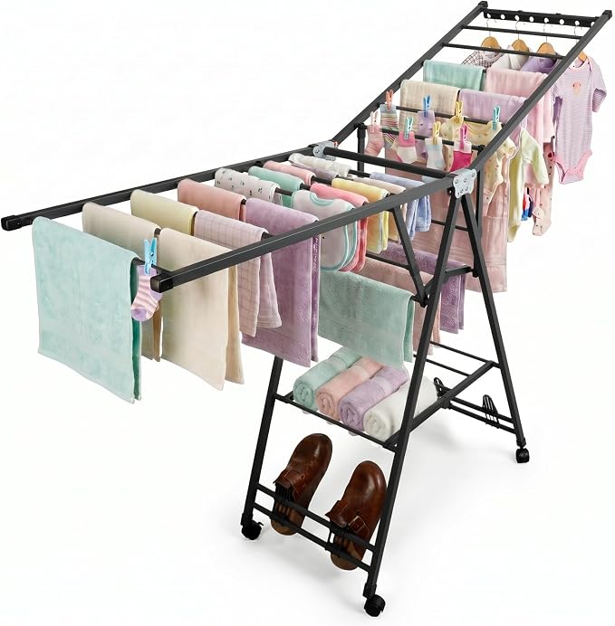 Clothes Rack, 2-Tier Drying Hanger, for 20 Pieces+, Foldable and Space Saving, Portable, Indoor or Outdoor Use, Solid Metal Clotheshorse, Nice for Mum, Gray(1.7 m Wing Length)