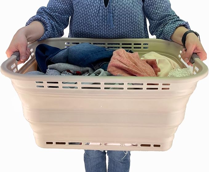 SAMMART 42L (11 Gallons) Collapsible Plastic Laundry Basket - Foldable Pop Up Storage Container/Organizer - Portable Washing Tub - Space Saving Hamper/Basket [BPA Free] (Apricot/Brown)