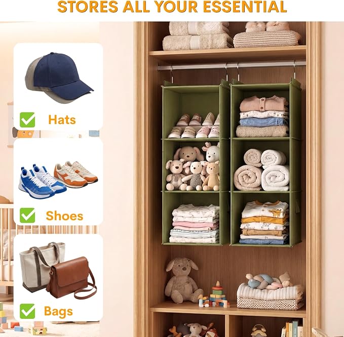 Extra Deep Hanging Closet Organizers and Storage, 2 Pack 3-Shelf | Separable Hanging Shelves with Linen Texture, Foldable & Space-Saving, For Clothes, Handbags, Hats, Closet, Dorm, RV, Green