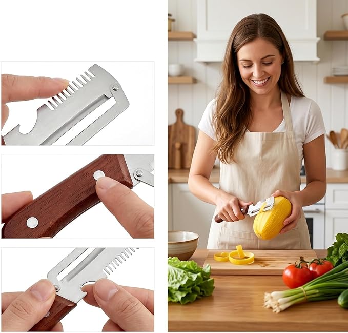 2-Pack Multifunctional Vegetable Peeler, 3 in 1 Kitchen Peeler with Wooden Handle, Grater & Bottle Opener for Potato, Carrot, Apple, Fruit & Vegetable