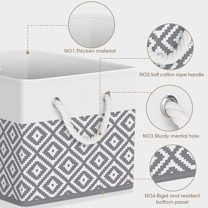 StorageTastic Storage Bins, 6-Pack Large Storage Box with Rope Handles, Collapsible Storage Basket for Organizing Books,Clothes,Rhombic Grey
