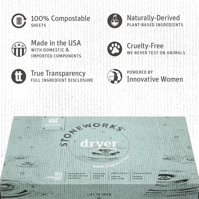 Grab Green Stoneworks Dryer Sheets, Unscented, 80 Count, Compostable | Softens fabrics; Reduces Static; Cruelty-free; Plant & Mineral Based; No Harsh Chemicals